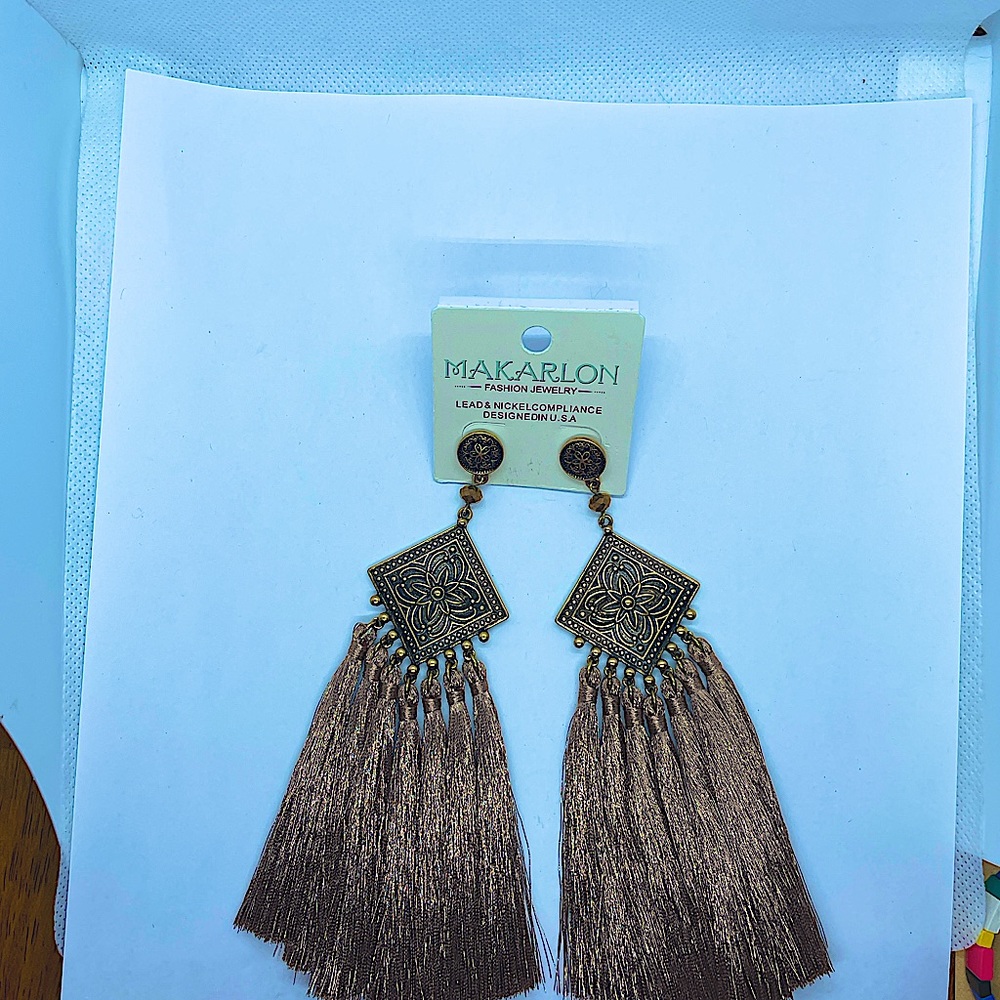 MAKARLON  Long Statement Earrings 5”in Copper colored Silk Thread Tassels NWT